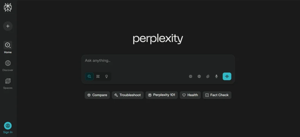 Perplexity вигляд головної сторінкп