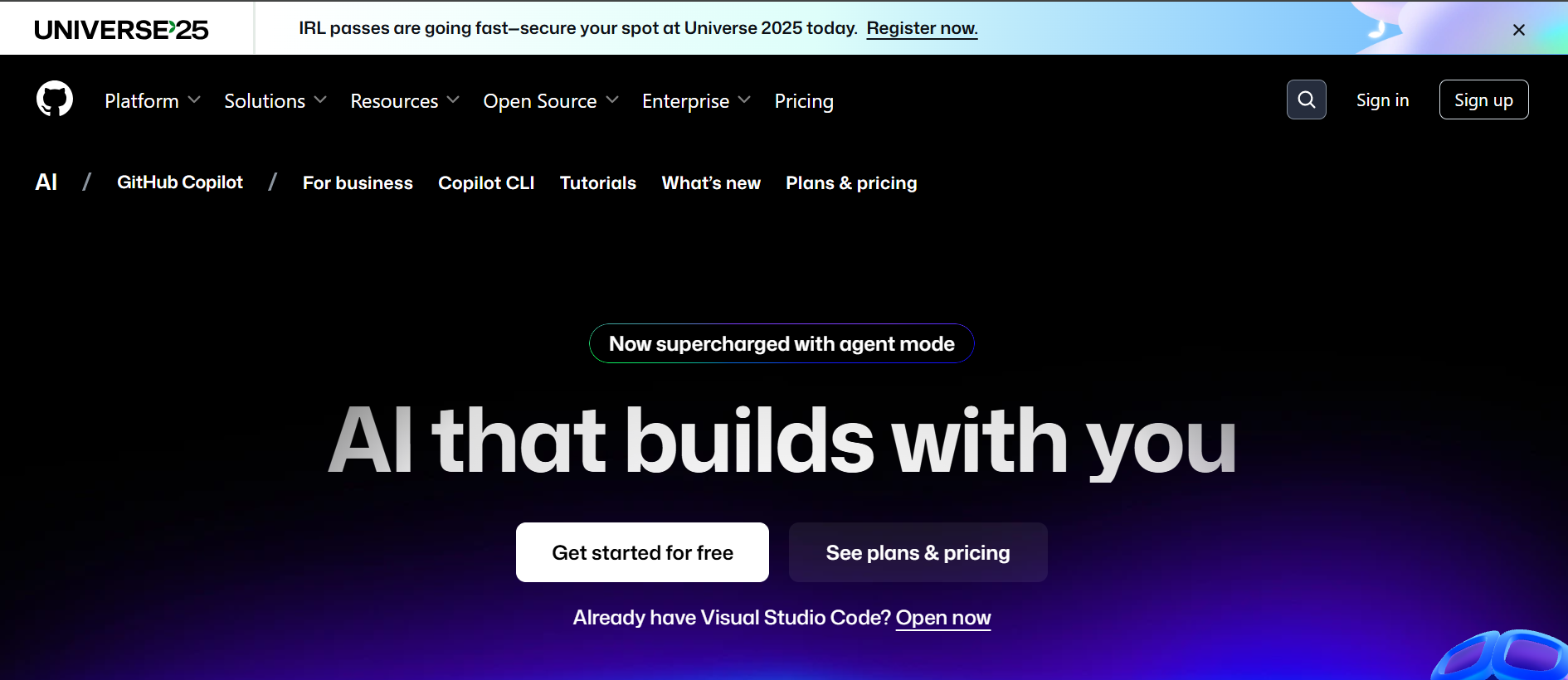 Головна сторінка сайту ШІ інструменту GitHub Copilot
