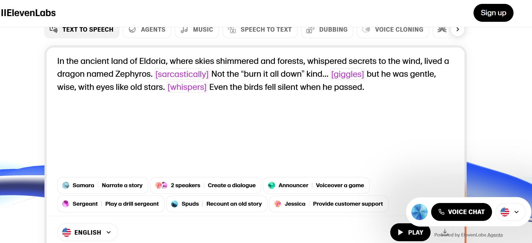 ElevenLabs (11 лабс) - головна сторінка сайту Ші для створення аудіо, звуку, музики