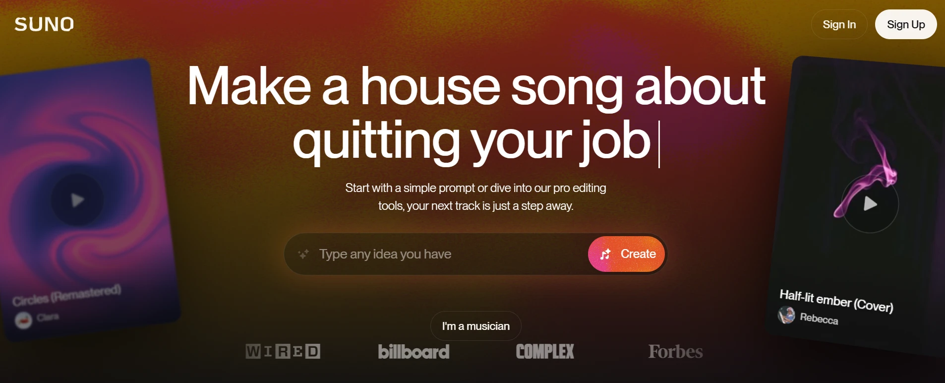 Suno AI головна сторінка сайту ші для створення музики