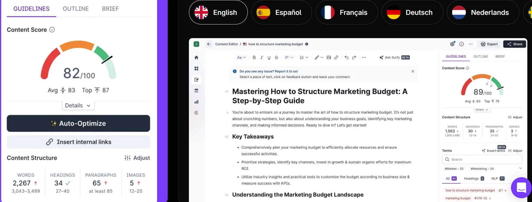Surfer SEO вигляд інструментів для роботи з текстами
