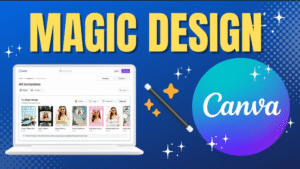 Ноутбук і надпис Canva Magic design