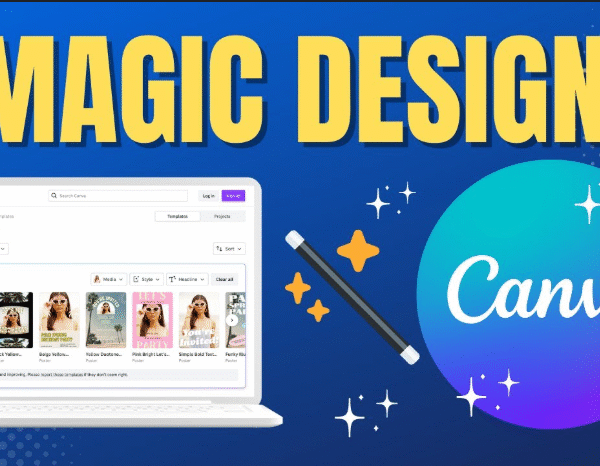 Ноутбук і надпис Canva Magic design