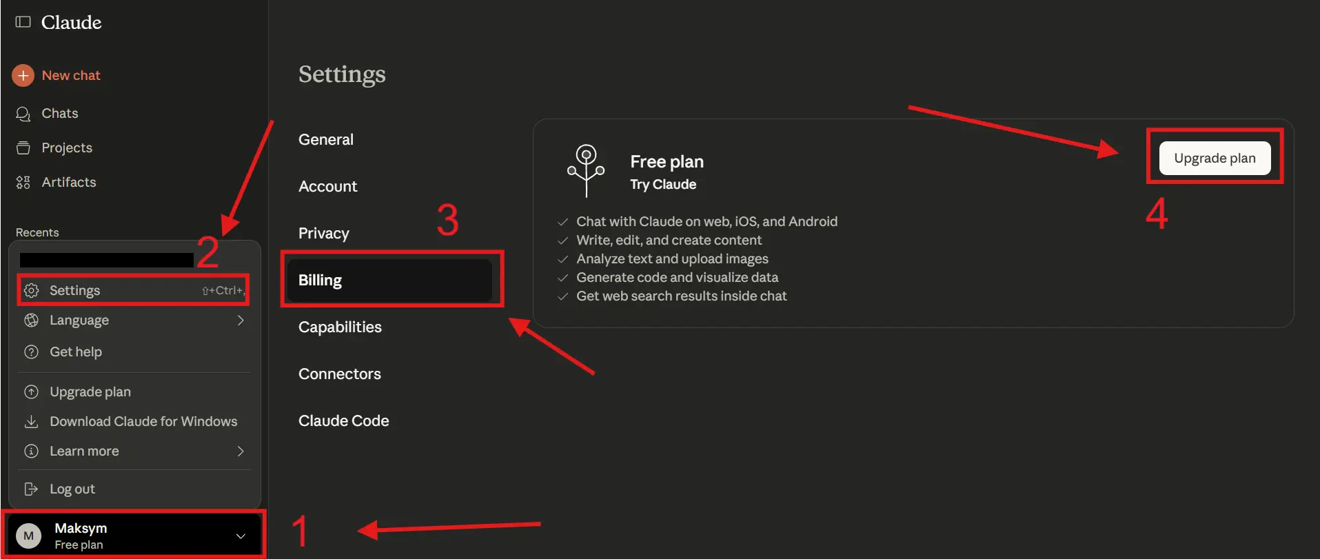 Налаштування профілю і вибір плану в ШІ ічнструменті Клод АІ