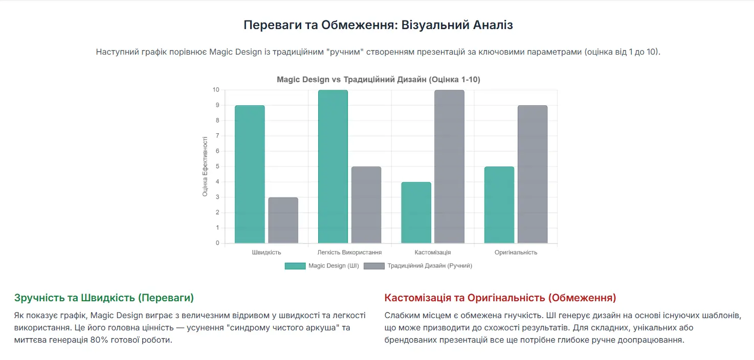 На зображені показаний графік переваг та обмежень Canva для презентацій