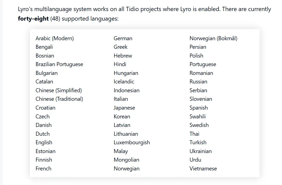 Тідіо ШІ мови, що підтримує штучний інтелект даного інструменту