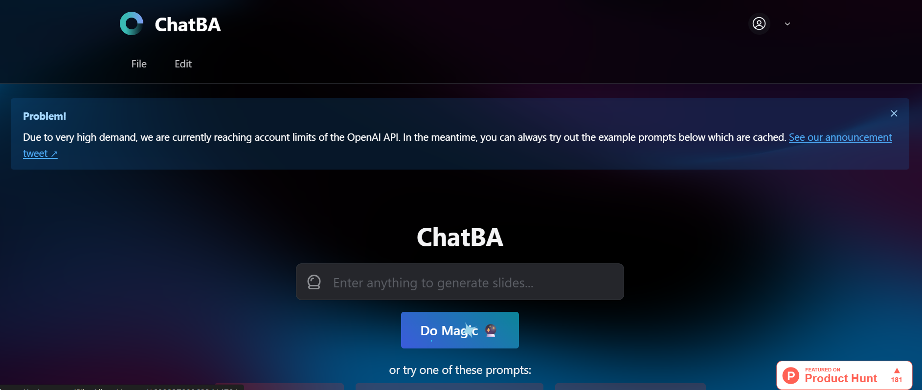 Скріншот офіційного сайту ChatBA для створення презентацій