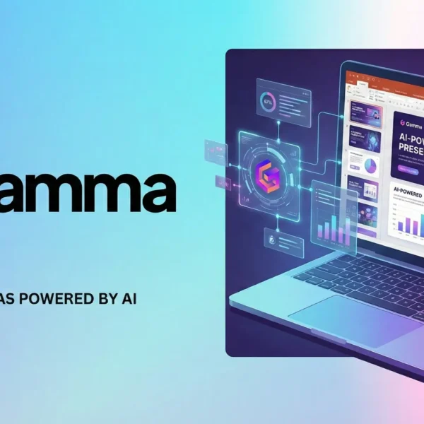 Зображення демонструє логотип Gamma та слоган 'PRESENTING IDEAS POWERED BY AI' ліворуч, а праворуч — ноутбук з відкритим інтерфейсом створення слайдів та футуристичними графіками, що ілюструє, як працює гамма для презентацій! за допомогою штучного інтелекту.
