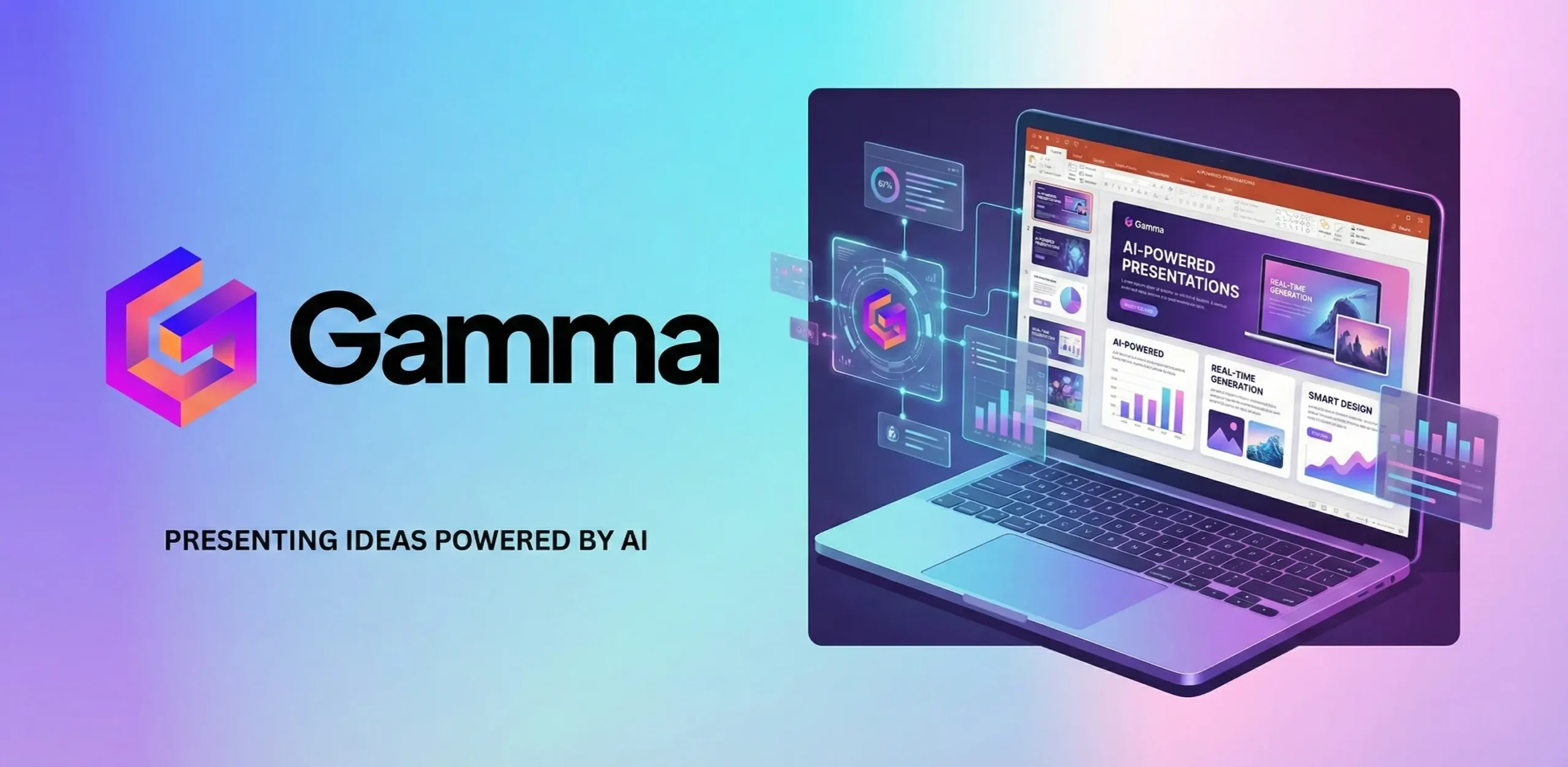 Зображення демонструє логотип Gamma та слоган 'PRESENTING IDEAS POWERED BY AI' ліворуч, а праворуч — ноутбук з відкритим інтерфейсом створення слайдів та футуристичними графіками, що ілюструє, як працює гамма для презентацій! за допомогою штучного інтелекту.
